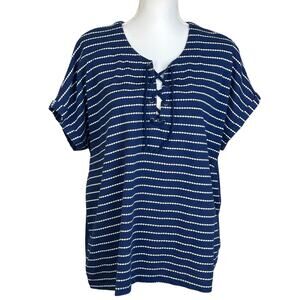 NorthCrest Top Women Size 2X Blue White Nautical Ties Henley Striped Boxy Blouse